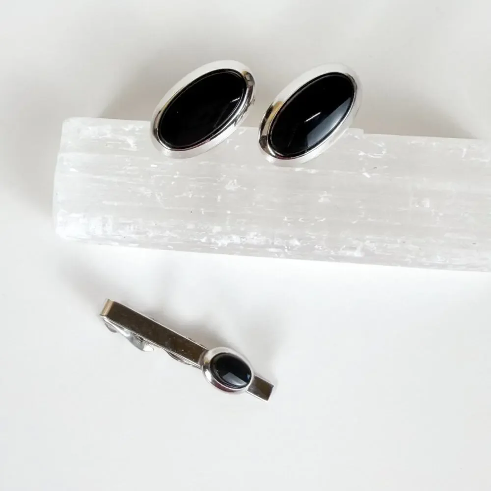 Swank Silver Tone and Black Glass Cufflinks with Matching Tie Clip
